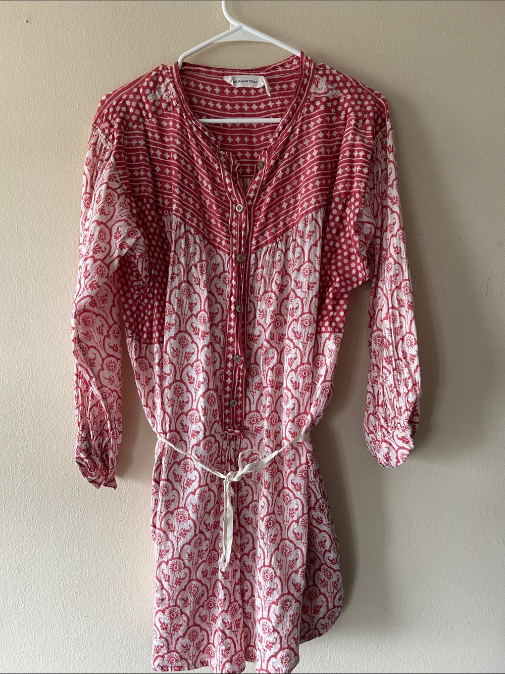 Isabel Marant Red and White Printed Long-Sleeve Boho Dress- rare